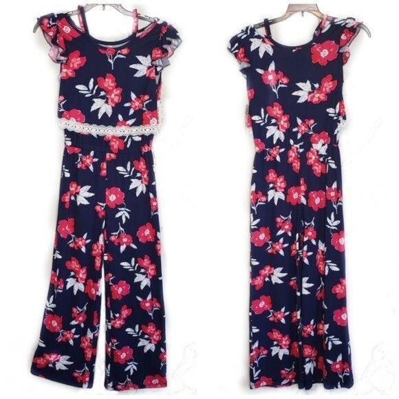 One Step Up NWT girls Navy Floral Ruffle Jumpsuit M 10/12 summer vacation casual - Picture 1 of 5
